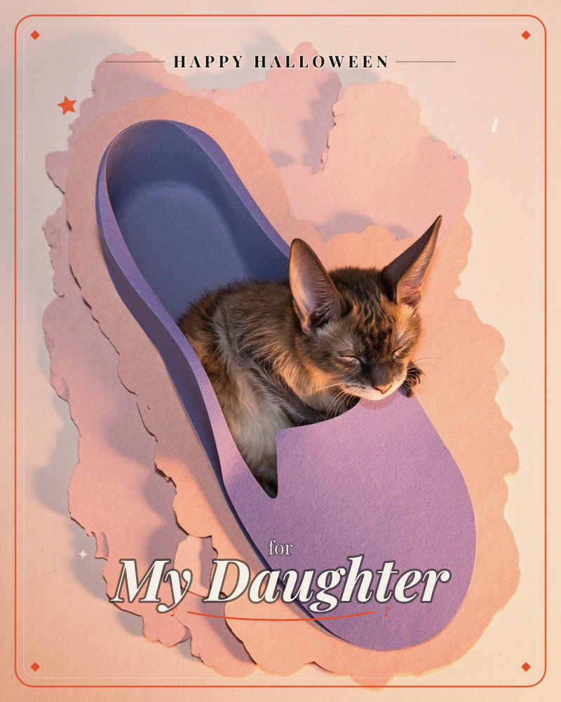 A tiny tortoiseshell kitten curls up asleep inside a paper-cut slipper shaped like a shoe insole, its real fur textured against the flat lilac paper craft, a halloween e-card design