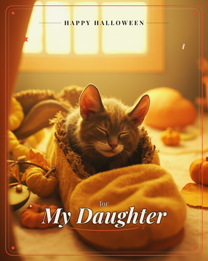 A gray kitten dozes in a cozy knitted pouch shaped like an autumn leaf, surrounded by tiny pumpkins and dried gourds on a sunlit windowsill, a halloween e-card design