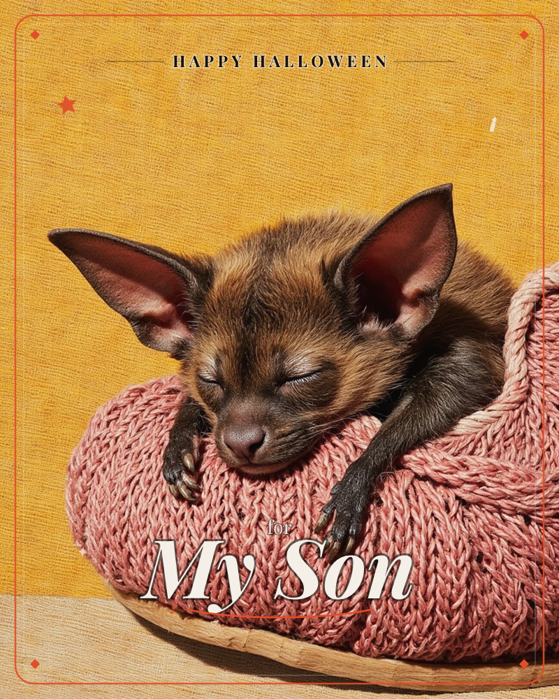 A tiny bat with oversized ears naps curled inside a chunky pink knitted slipper, its eyes shut and paws draped over the edge, a halloween e-card design