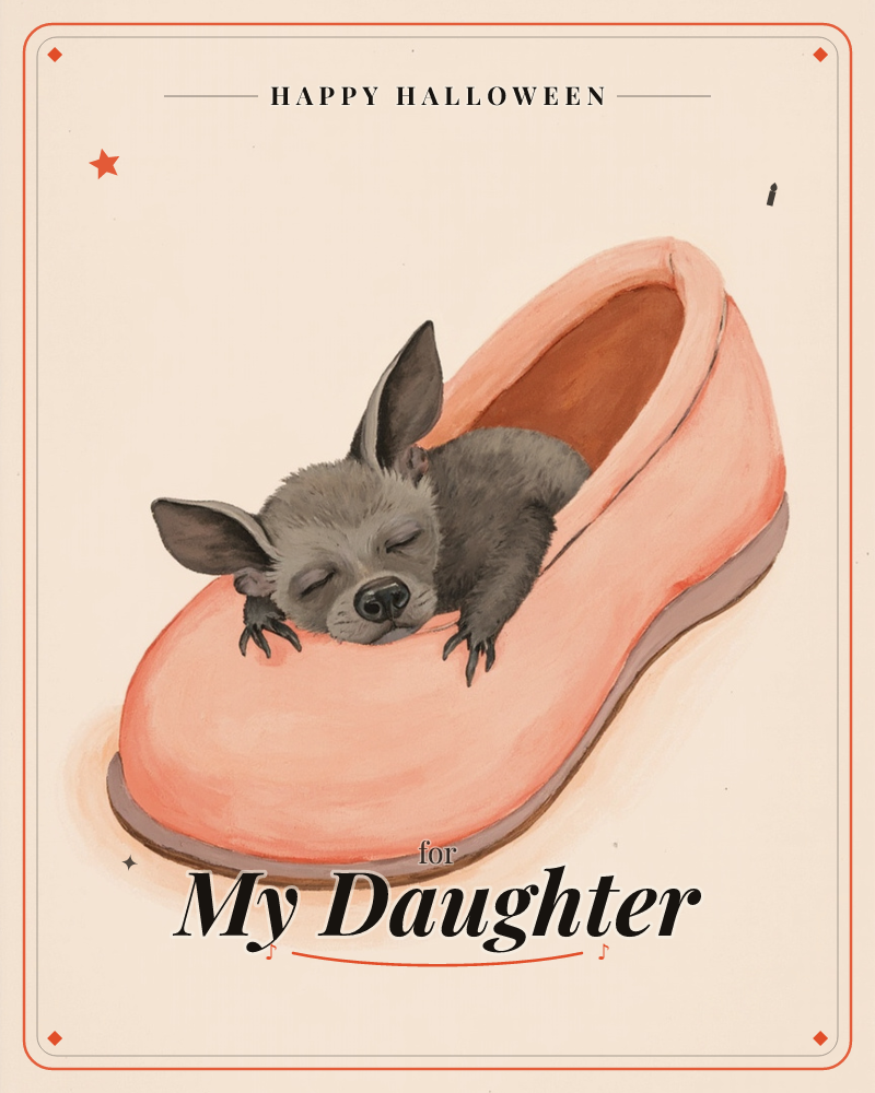 A small grey creature with oversized ears and tiny claws curls up fast asleep inside a peach-pink loafer, its eyes shut and paws draped over the shoe's…, a halloween e-card design