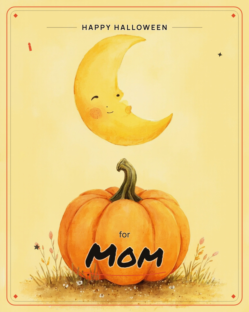 A smiling crescent moon with rosy cheeks hovers above a plump orange pumpkin, both set against a soft buttery-yellow background, a halloween e-card design