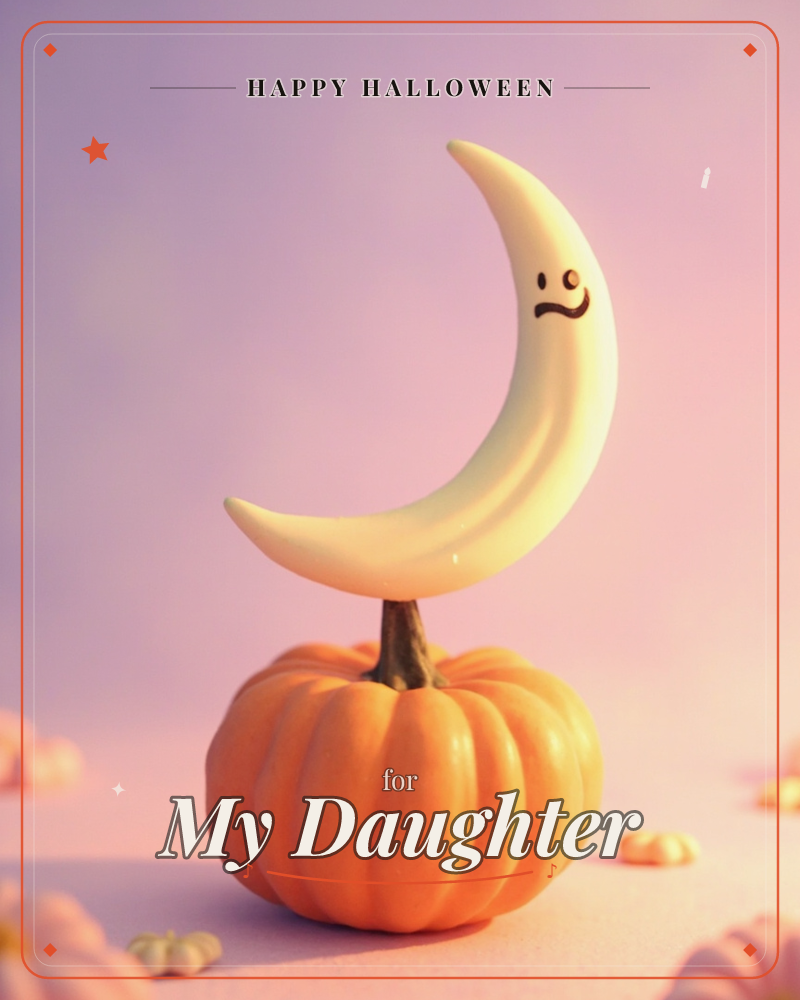 A cream crescent moon with a small quirky face sprouts like a stem from the top of a plump orange pumpkin, set against a soft lavender-to-pink gradient…, a halloween e-card design