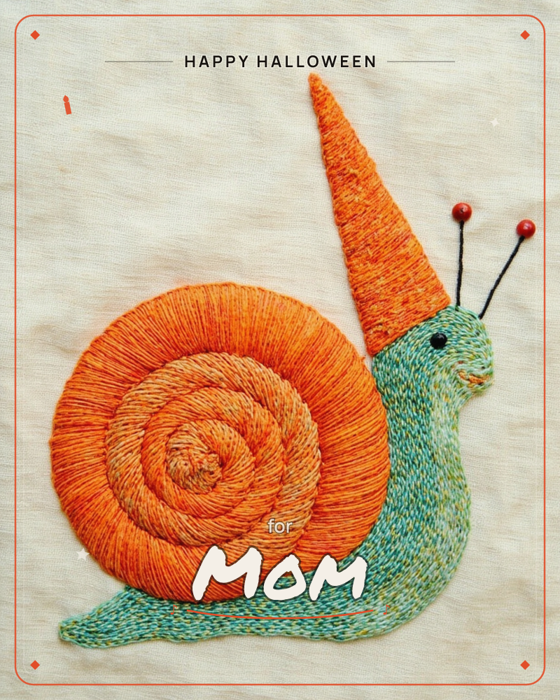 A cheerful snail sits stitched on plain oatmeal linen, its shell a tightly coiled spiral of orange thread and its body a textured teal-green worked in…, a halloween e-card design