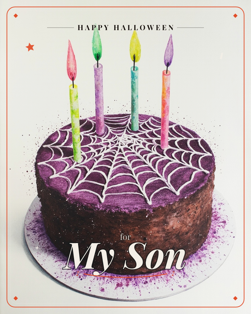 A round chocolate birthday cake sits on a plain white plate, its top iced in deep purple with a white spiderweb piped across the surface, a halloween e-card design