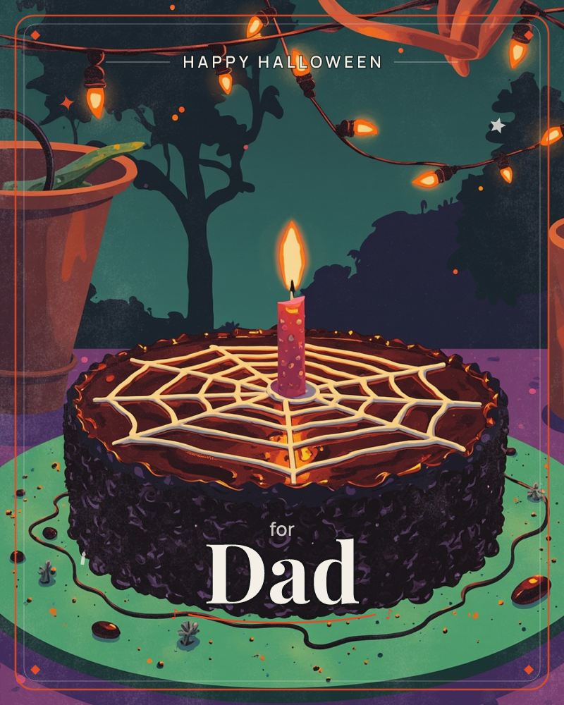 A dark chocolate cake sits outdoors at dusk, its glossy top piped with a pale spiderweb design and lit by a single glowing candle, a halloween e-card design