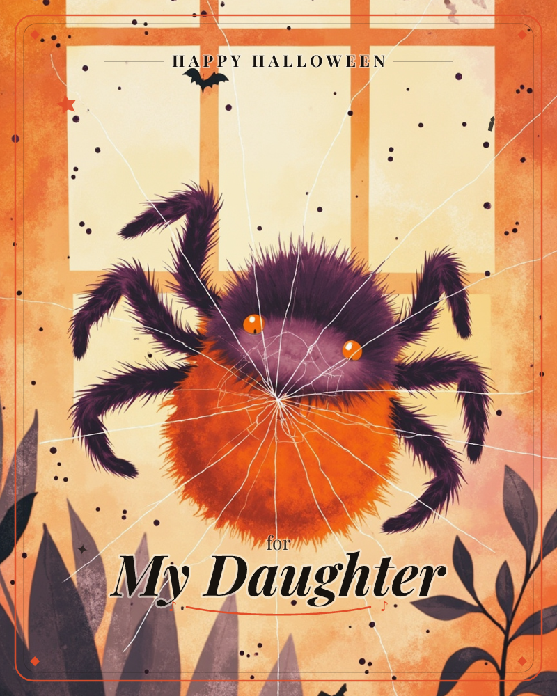 A fuzzy, round-bellied spider with glowing orange eyes hangs at the center of its own web in front of a warmly lit window pane, a halloween e-card design