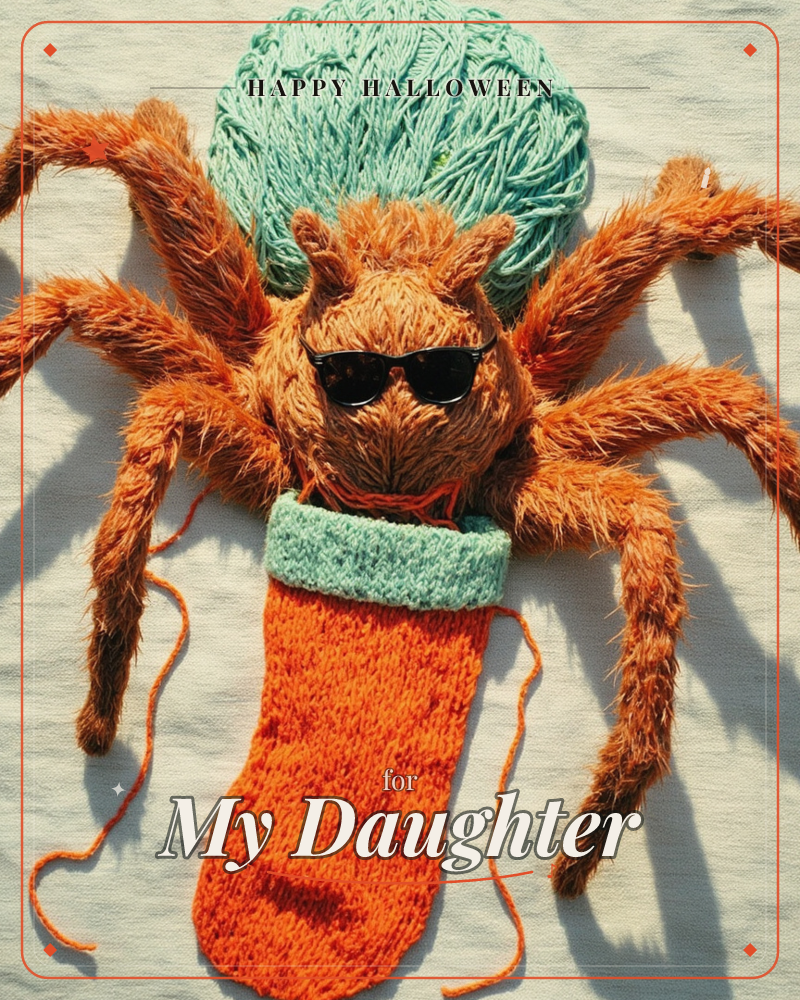 A fuzzy orange toy tarantula wearing tiny black sunglasses pokes out of a hand-knitted orange stocking with a mint-green cuff, a matching ball of mint…, a halloween e-card design