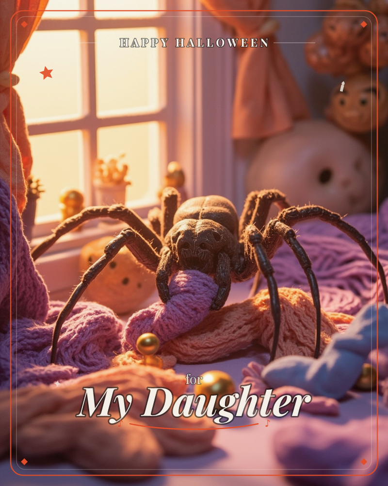 A furry toy spider perches on a heap of pink knitted yarn beside a sunlit window, its long jointed legs sinking into the soft folds while small gold…, a halloween e-card design