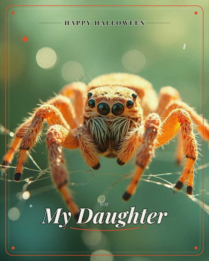 An orange, fuzzy jumping spider stares straight into the camera, its rows of dark round eyes and bristled legs caught in sharp focus against a soft…, a halloween e-card design