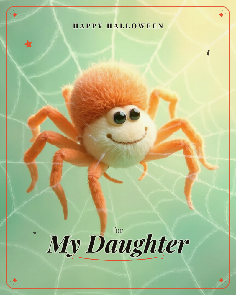 A fuzzy orange spider with a round fluffy body, big googly eyes, and a cheerful stitched smile sits in the middle of a delicate silver web, a halloween e-card design