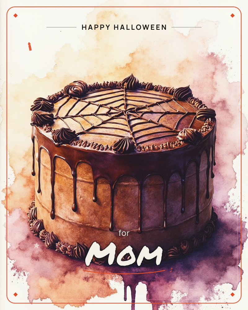 A tall layered chocolate cake sits centre stage, its glossy ganache dripping down the sides like slow-moving icicles, a halloween e-card design