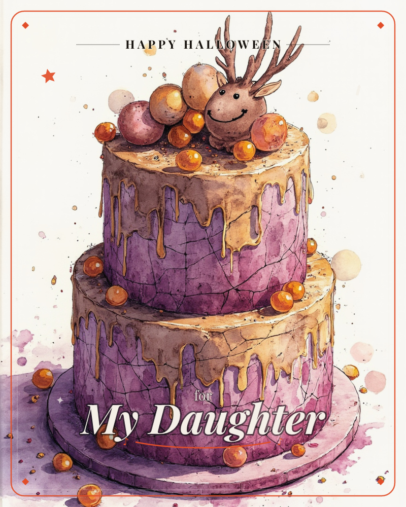 A two-tier cake in dusty purple with gold caramel drip pooling down each layer, topped with a smiling reindeer face and a scatter of amber and pink…, a halloween e-card design