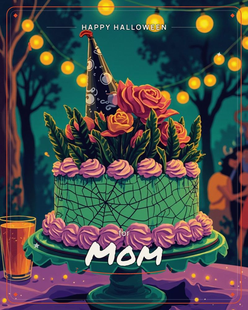 A green cake decorated with spiderweb icing, coral roses, and a witch's hat sits on a scalloped stand under strings of glowing string lights in a…, a halloween e-card design