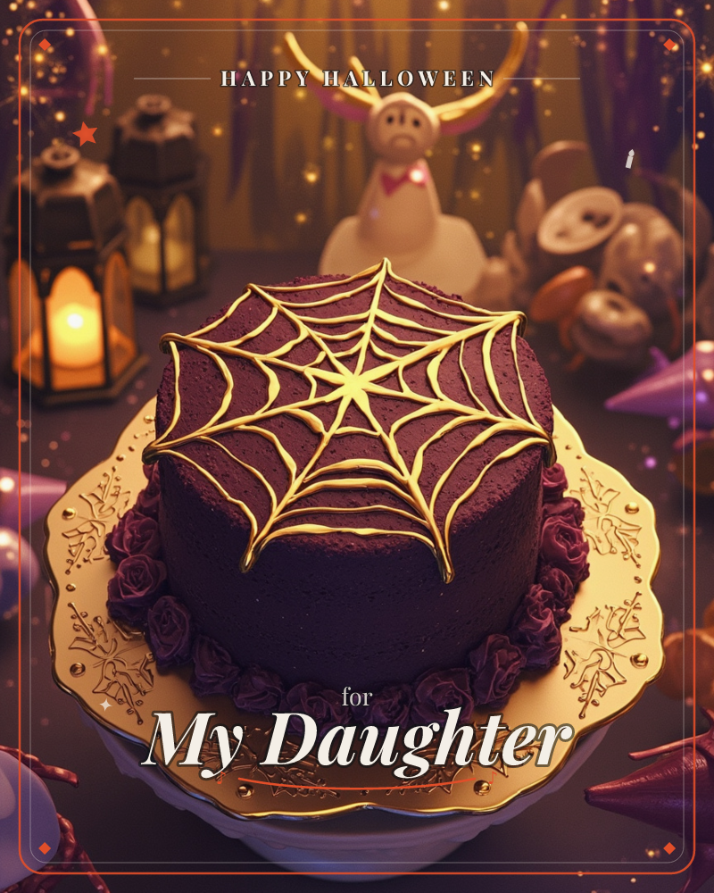 A dark plum velvet cake sits on a gold-edged plate, its top piped with a glowing golden spiderweb and ringed with deep burgundy rosettes, a halloween e-card design