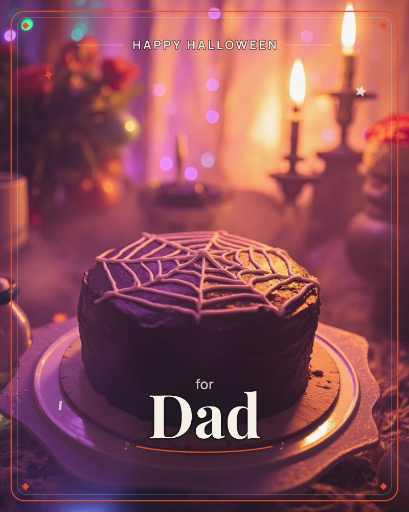 A chocolate cake iced with a pale spiderweb design sits on an ornate vintage plate, lit by candle flames and a glowing purple haze of bokeh lights, a halloween e-card design