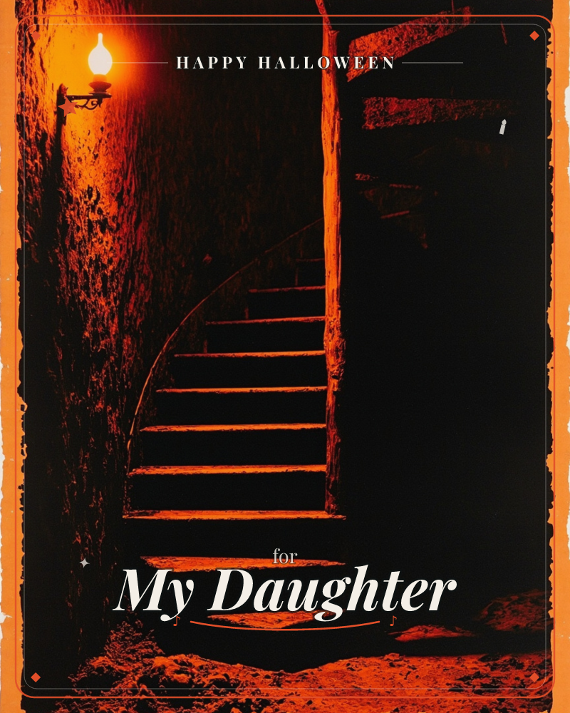 A stone spiral staircase curves upward into shadow, lit only by a single wall-mounted lantern glowing at the top, a halloween e-card design