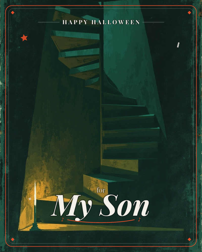 A spiral staircase winds upward inside a shadowy stone tower, its wooden steps glowing amber at the base where a single candle burns, a halloween e-card design