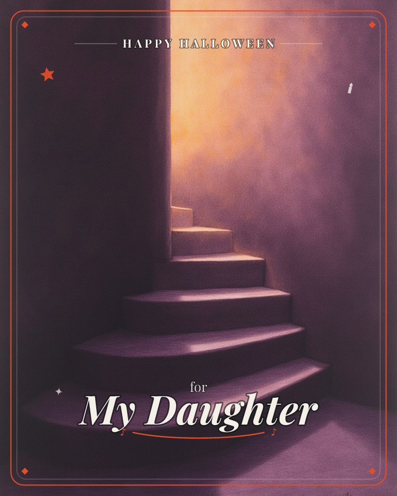 A curving stone staircase spirals upward into a glowing archway, where warm golden light spills down over the violet-shadowed steps, a halloween e-card design