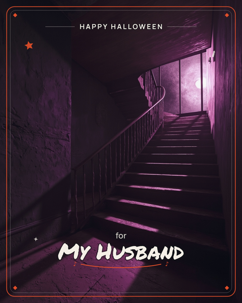 A narrow stone staircase curves upward into a glowing round window, the whole passage bathed in deep violet shadow and magenta light, a halloween e-card design
