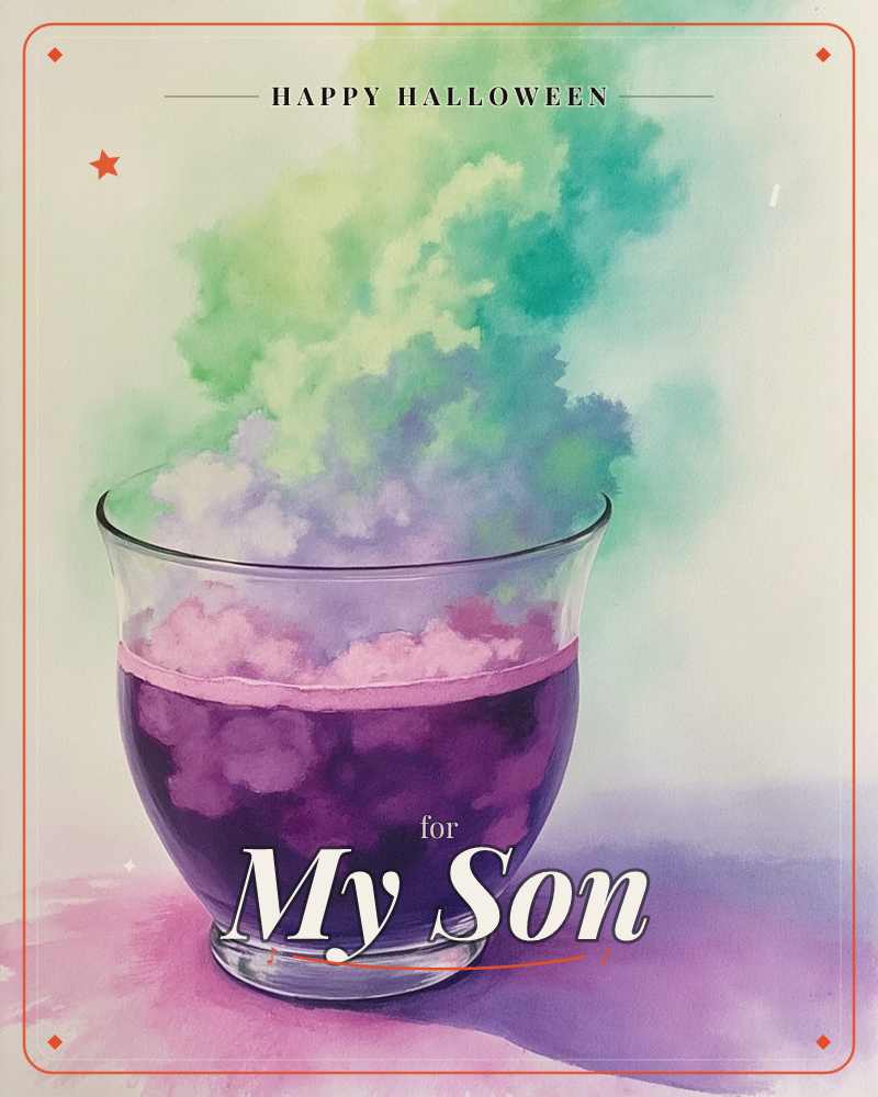 A clear glass bowl holds a deep violet liquid, and from it a plume of coloured smoke rises in soft clouds of mint, lemon and lilac against a pale…, a halloween e-card design