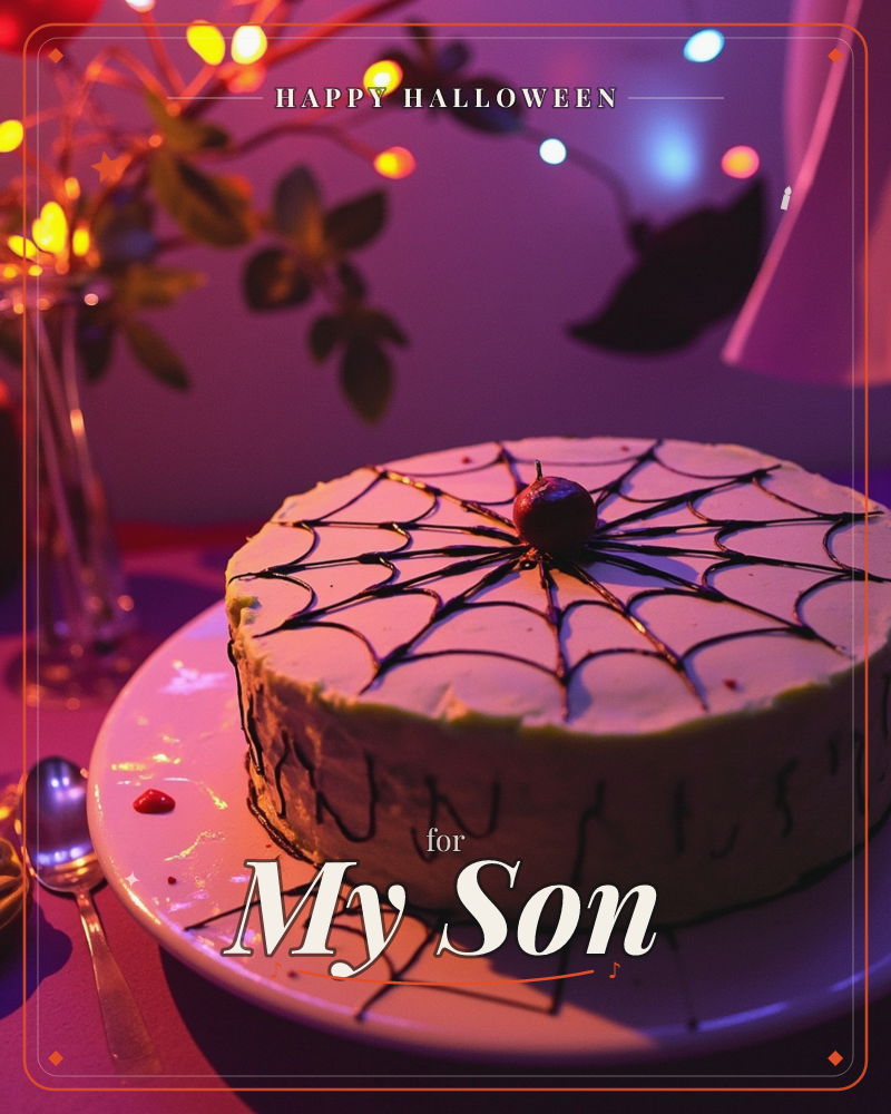 A round frosted cake sits on a white plate, its top piped with a spiderweb design and a small dark berry perched at the center like a spider, a halloween e-card design
