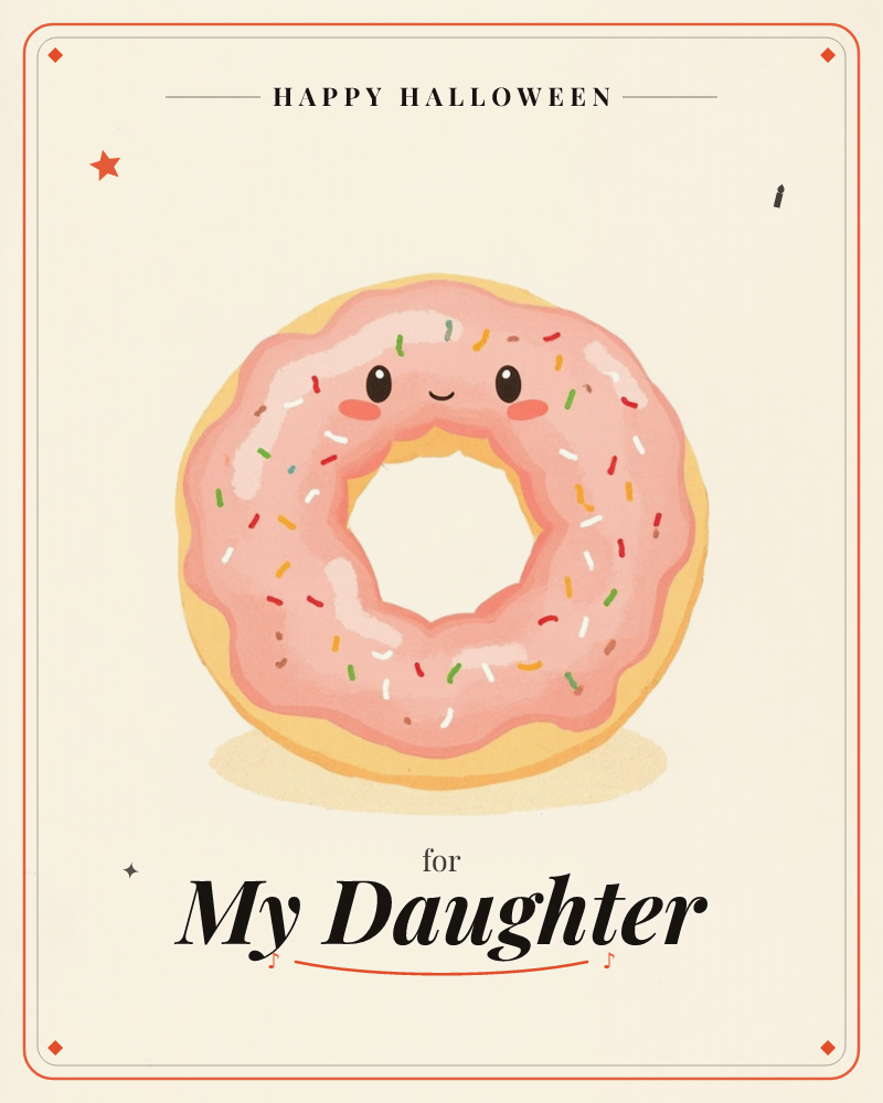 A single glazed doughnut sits centred on a pale cream background, its pink icing scattered with colourful sprinkles, a halloween e-card design