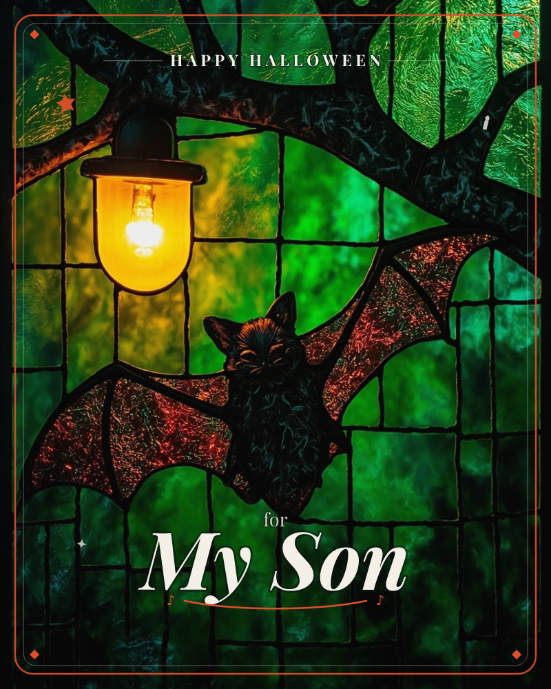 A stained-glass panel shows a bat with outstretched red-veined wings perched beneath a gnarled black branch, from which hangs a small glowing lamp, a halloween e-card design