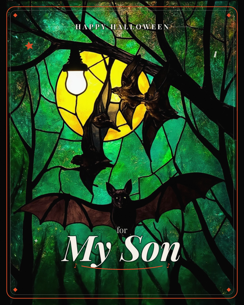 A stained-glass style panel glows in deep greens with a mustard-yellow moon rising behind bare, leaded-glass branches, a halloween e-card design