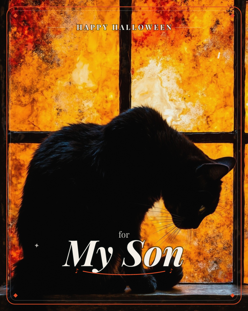 A black cat sits in silhouette on a windowsill, its whiskers catching the light against a glowing amber and orange window pane streaked with mottled…, a halloween e-card design