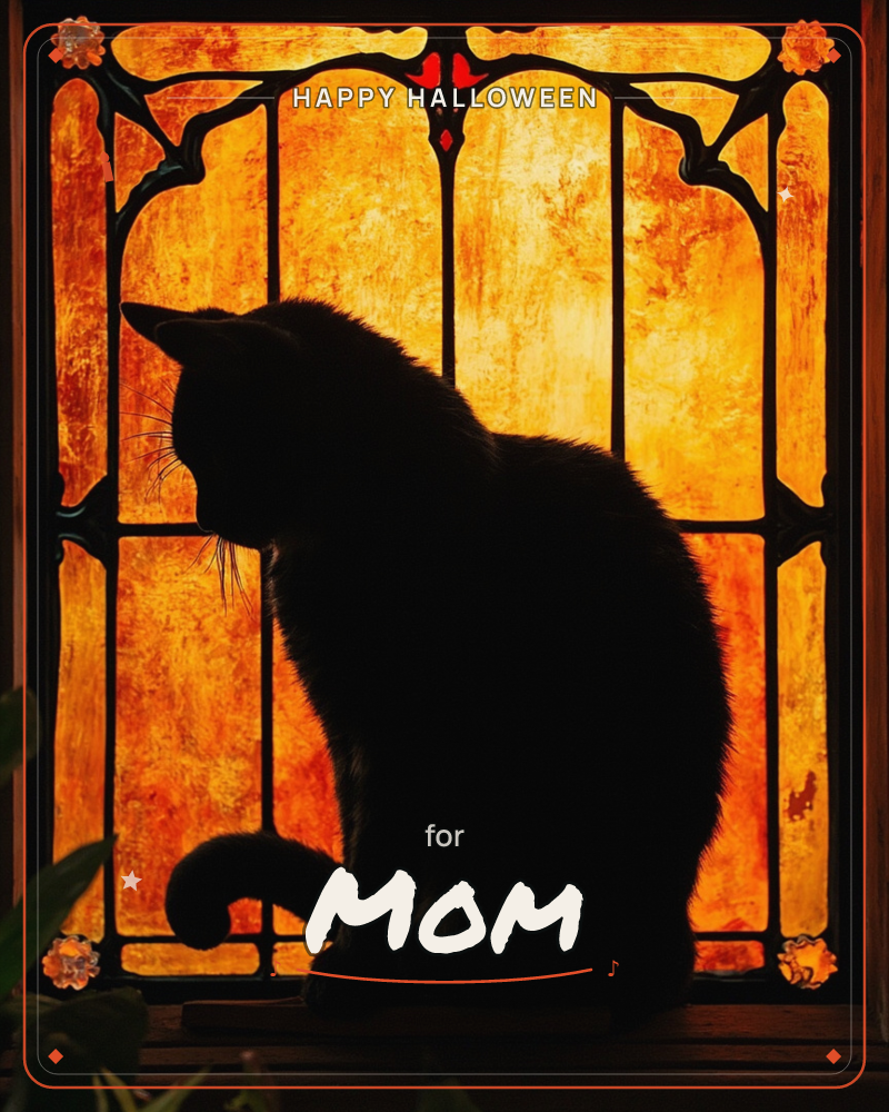 A black cat sits in silhouette on a windowsill, its curled tail resting against the glass, framed by an amber and gold stained-glass window glowing…, a halloween e-card design