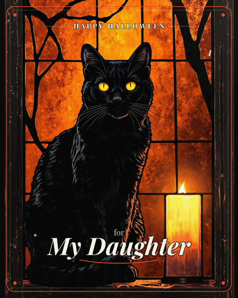 A black cat with glowing yellow eyes sits on a windowsill against a fiery orange sky, its silhouette outlined by bare tree branches through the paned…, a halloween e-card design