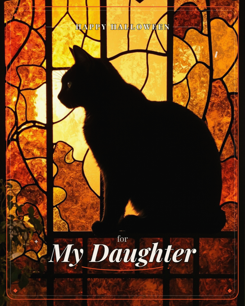 A cat sits in perfect silhouette on a windowsill, framed by a stained-glass window glowing amber and gold behind it, a halloween e-card design