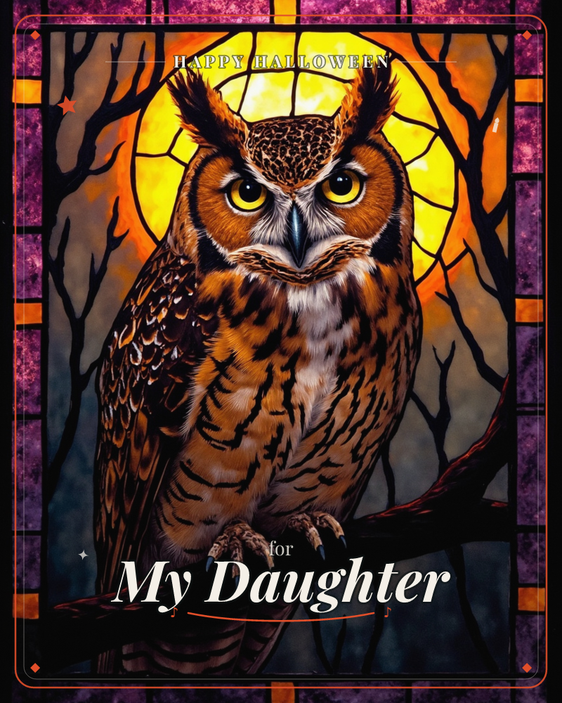A great horned owl perches on a bare branch against a glowing golden moon, its feathers rendered in the leaded, jewel-toned style of a stained-glass…, a halloween e-card design