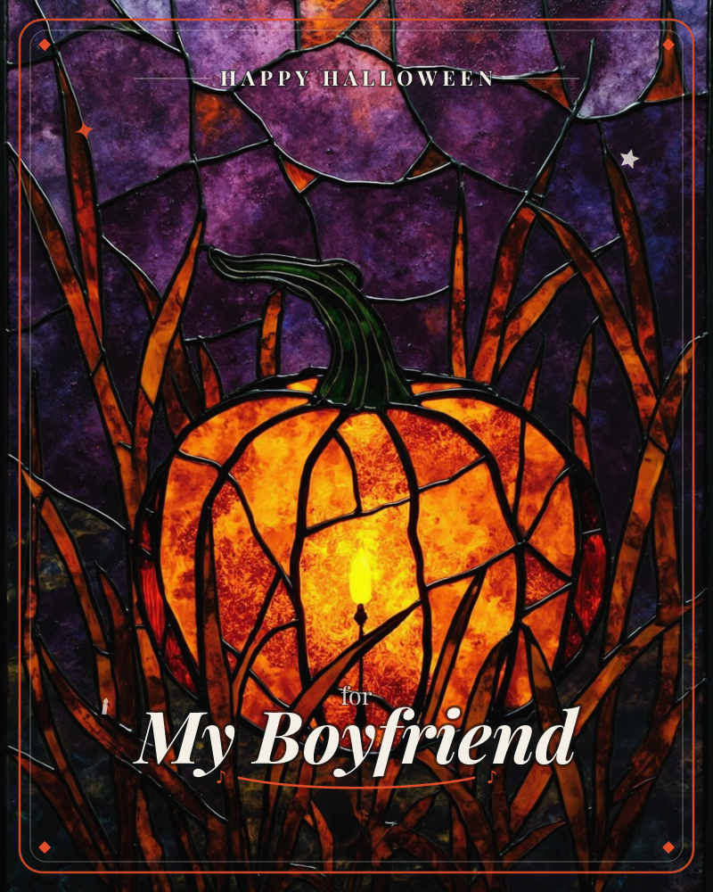 A stained-glass style pumpkin glows amber and gold against a fractured purple night sky, its dark green stem curling above a cracked, jewel-toned body…, a halloween e-card design