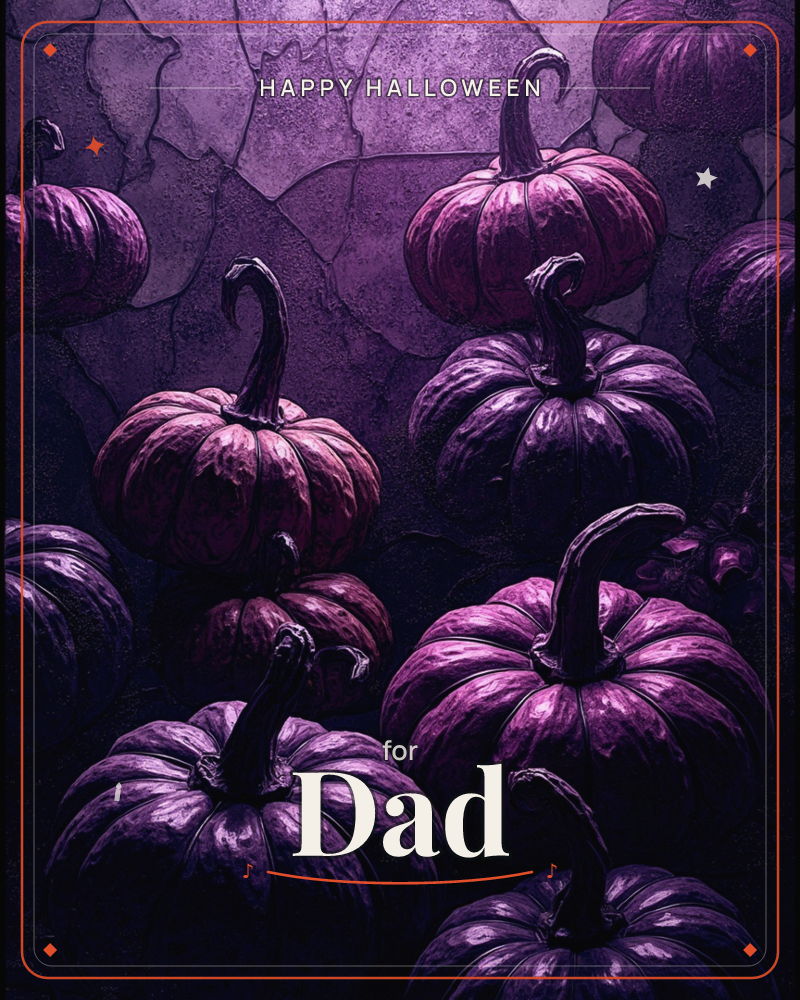 A cluster of ridged pumpkins sits against a cracked stone wall, everything bathed in deep violet and magenta light, a halloween e-card design