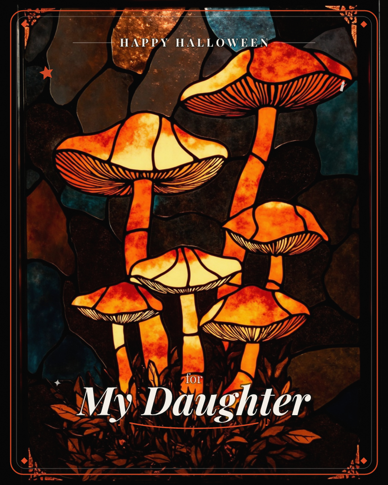 A cluster of glowing mushrooms rendered like a stained-glass window, their caps a warm blaze of amber, orange and gold against a leaded backdrop of…, a halloween e-card design