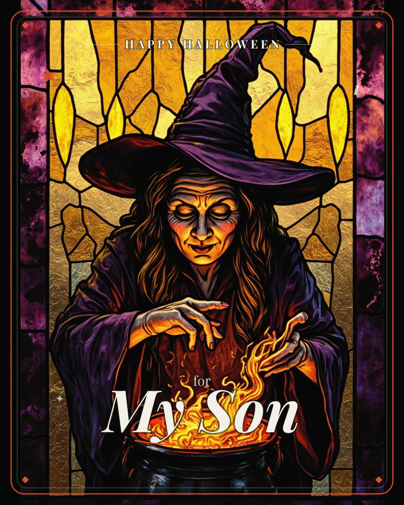 A witch in a tall, curled purple hat leans over a bubbling cauldron, her long fingers casting glowing green smoke into the air, a halloween e-card design