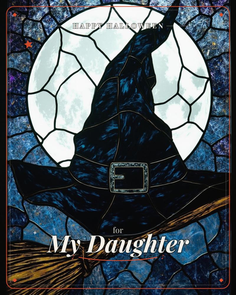 A stained-glass style illustration shows a bent, black witch's hat with a silver buckle perched atop a wooden broomstick, silhouetted against a full moon, a halloween e-card design