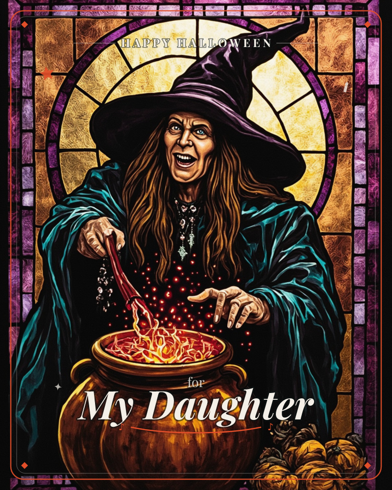 A stained-glass style illustration shows a cackling witch in a peaked purple hat and teal cloak, stirring a glowing cauldron that spits fiery orange…, a halloween e-card design
