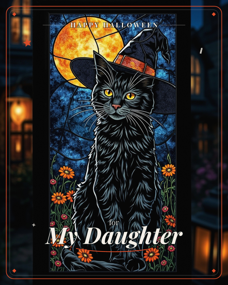 A stained-glass style panel shows a black cat wearing a witch's hat, sitting amid orange and red flowers beneath a glowing full moon, a halloween e-card design