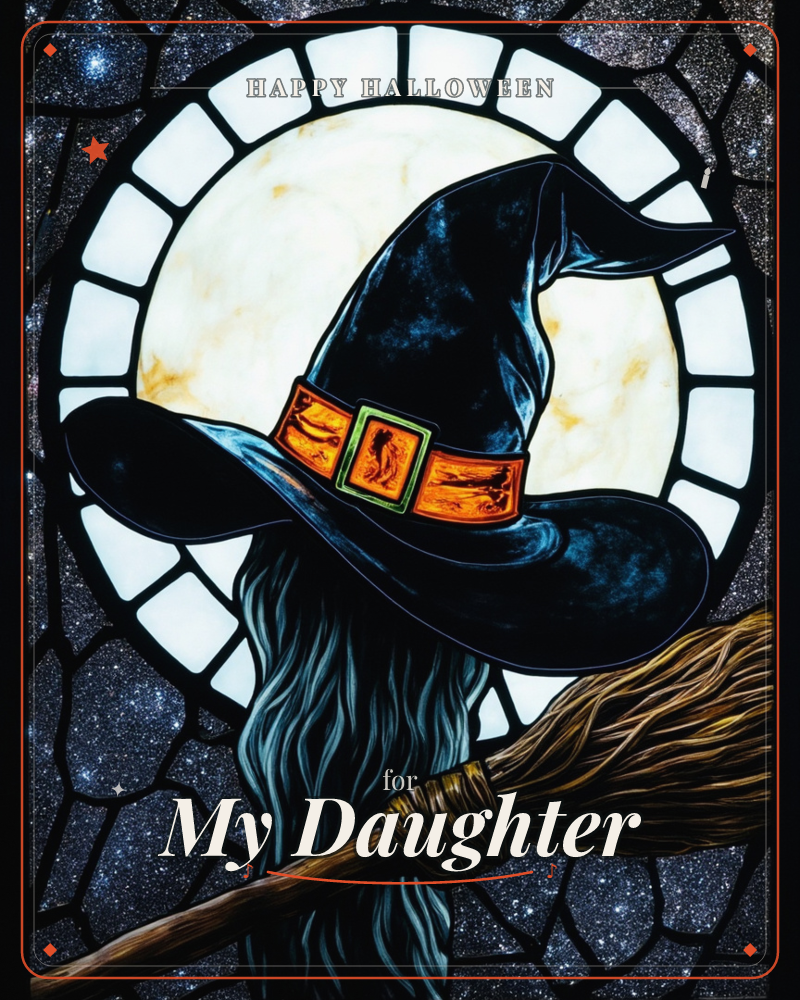 A stained-glass style panel shows a witch's pointed hat with an orange buckle, trailing grey-blue hair, and a broom resting against it, set before a…, a halloween e-card design