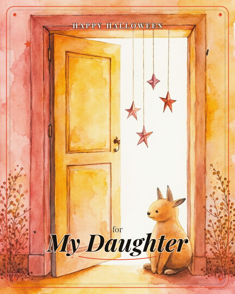 A small golden-furred rabbit sits at the threshold of an open yellow door, gazing up at red stars dangling on strings from the frame above, a halloween e-card design