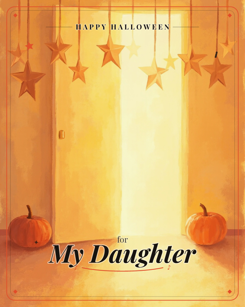 A door stands open onto a flood of golden light, framed by strings of hanging gold stars, with two round orange pumpkins set on the floor at either side, a halloween e-card design
