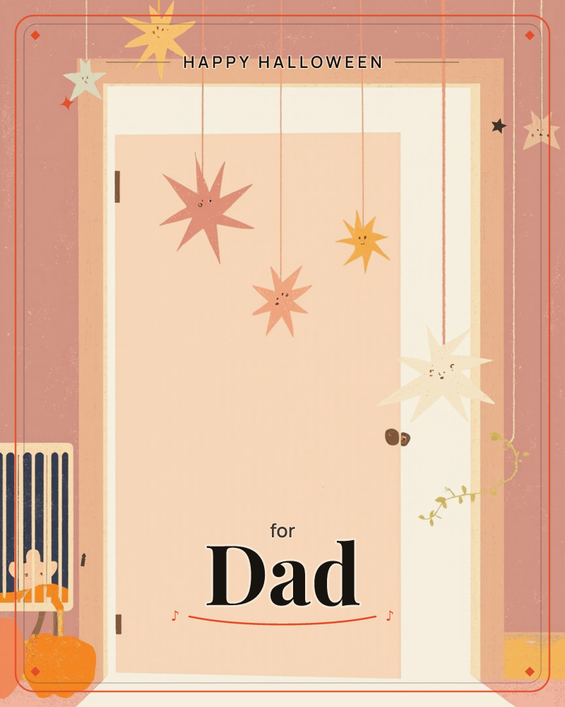 A pale pink door stands closed in a dusty rose hallway, hung with a mobile of smiling paper stars dangling from long strings, a halloween e-card design