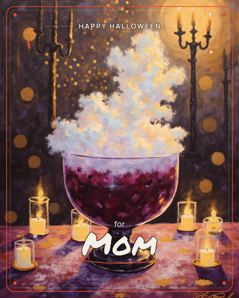 A glass punch bowl brims with deep red fruit and a billowing cloud of white foam or smoke, set on a rose-toned tablecloth and ringed by flickering…, a halloween e-card design
