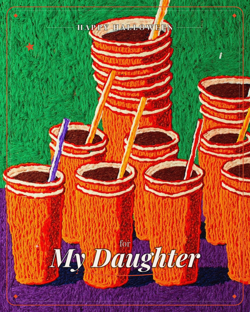 A cluster of orange takeaway cups filled with dark coffee stands on a deep purple surface against a textured green background, with one tower of…, a halloween e-card design
