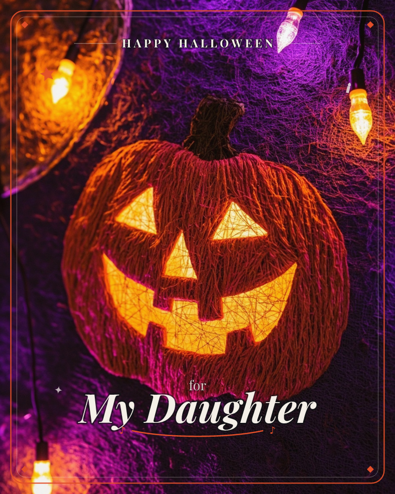 A jack-o'-lantern woven from wispy orange fibres glows against a shadowy purple backdrop of tangled sisal webbing, its triangle eyes and jagged grin…, a halloween e-card design
