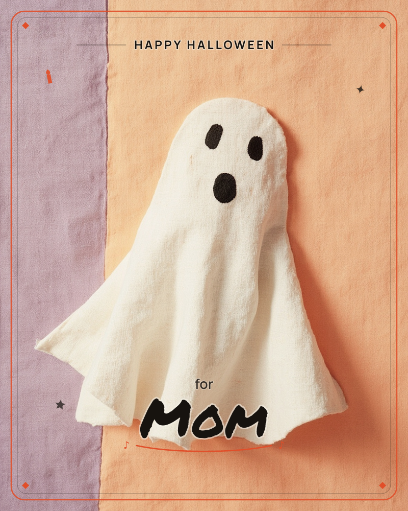 A little cloth ghost with round black eyes and an 'oh!' mouth hangs against a background split between soft lavender and warm peach fabric, a halloween e-card design