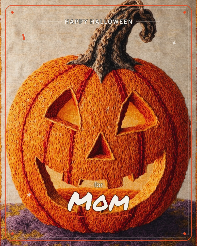 A carved jack-o'-lantern glows against a pale linen background, its stitched threads mimicking woven pumpkin ridges and a glowing, jagged grin, a halloween e-card design