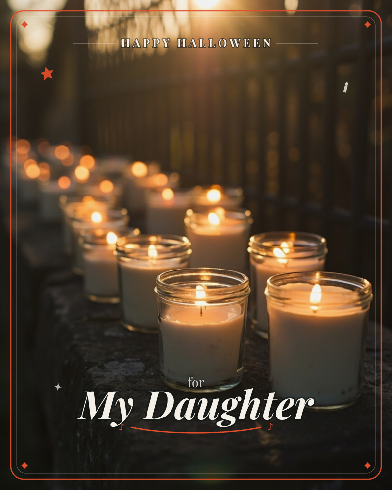 A row of glass candles burns in white wax along a stone ledge at dusk, their flames sharp in the foreground while the ones behind blur into soft gold…, a halloween e-card design